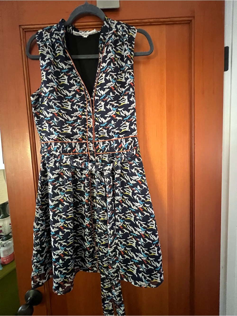 Sleeveless Navy Bird-Print Retro Style Dress